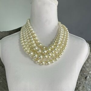 Vintage 5 Strand Faux Pearl Statement Necklace Chunky Graduated Beads